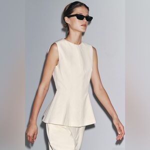 ZARA COTTON CREWNECK PEPLUM VEST TOP TAILORED NEUTRAL OFFICE Cream L